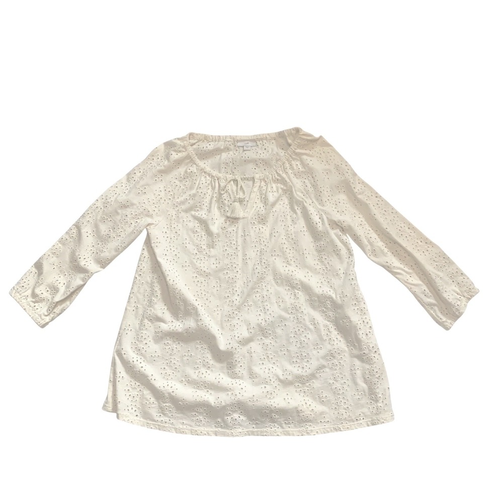 J. Jill Women's Boho White Eyelet Oversize Peasant Blouse Keyhole Front Tie Sz S